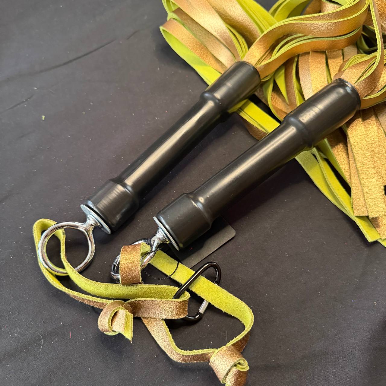 Pair of Rubber Handled Floggers - 34" with 19" Green & Gold Falls, 6" Handle