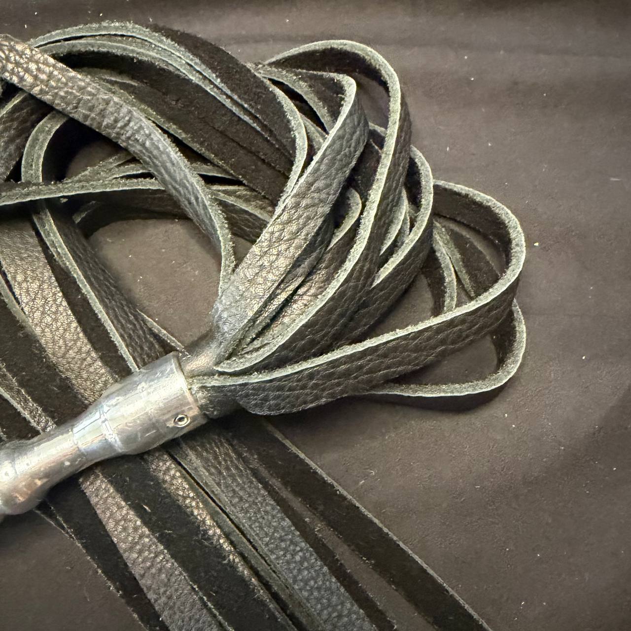Aluminum Handle Flogger with 18" Leather Falls and 8" Hand Turned Aluminum Handle